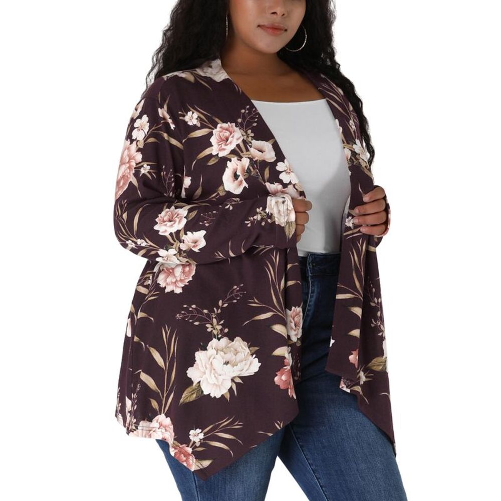 Women Plus Size Cardigan Leopard Print Asymmetric Hem Jacket Open Front Burgundy